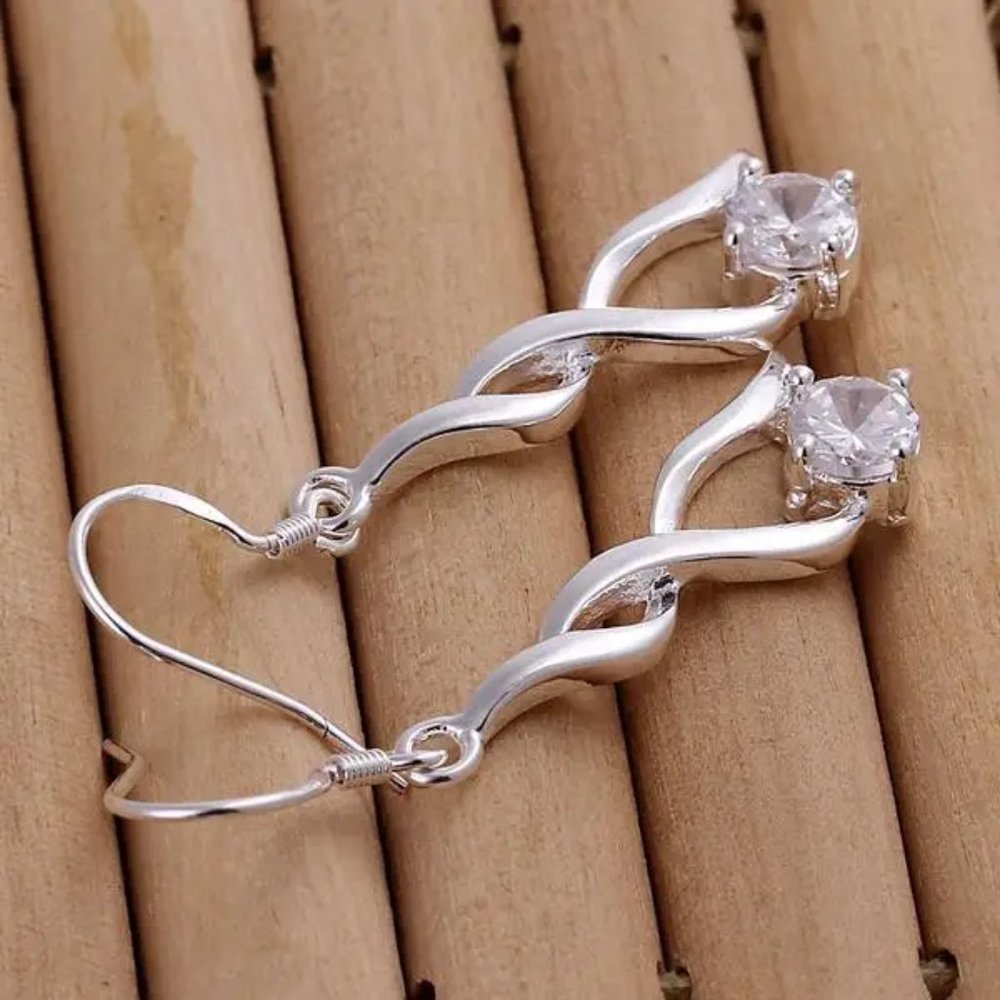 Very Cute Sterling Silver Small Twisted Drop Earrings CZ Stud " Hypoallergenic " - Picture 3 of 6
